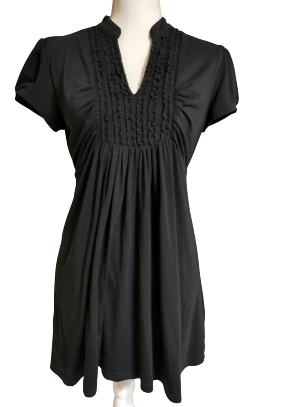 Black Ruffle-Front Short Sleeve Women's Top